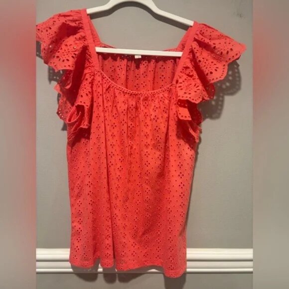 Women's LOFT Coral Eyelet Ruffle Sleeve Top - Size Large worn 2 times - Picture 2 of 2